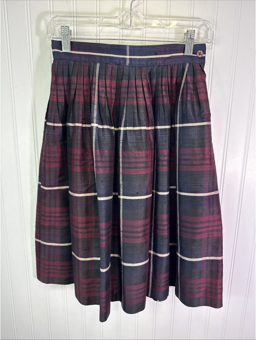Vintage Jones New York 100% SILK Plaid Midi Skirt Pleated Dark Academia XS